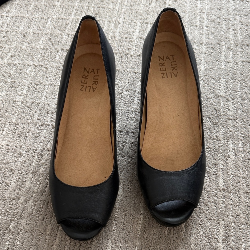 Naturalizer Black Leather Peep-Toe Heels